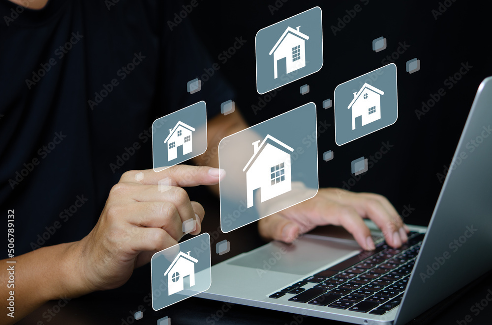 Real estate concept business, home insurance and real estate protection. Buy and sell houses and real estate online on a virtual screen. Real estate concept business, home insurance and real estate protection. Buy and sell houses and real estate online on a virtual screen.