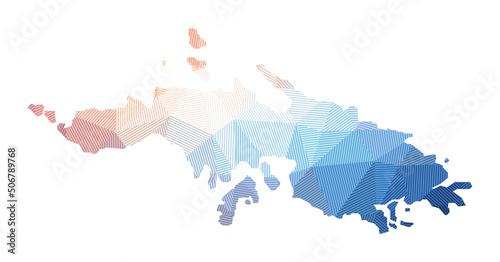 Low poly illustration of the island of Saint Thomas. Geometric design with stripes. Technology, internet, network concept. Vector illustration.