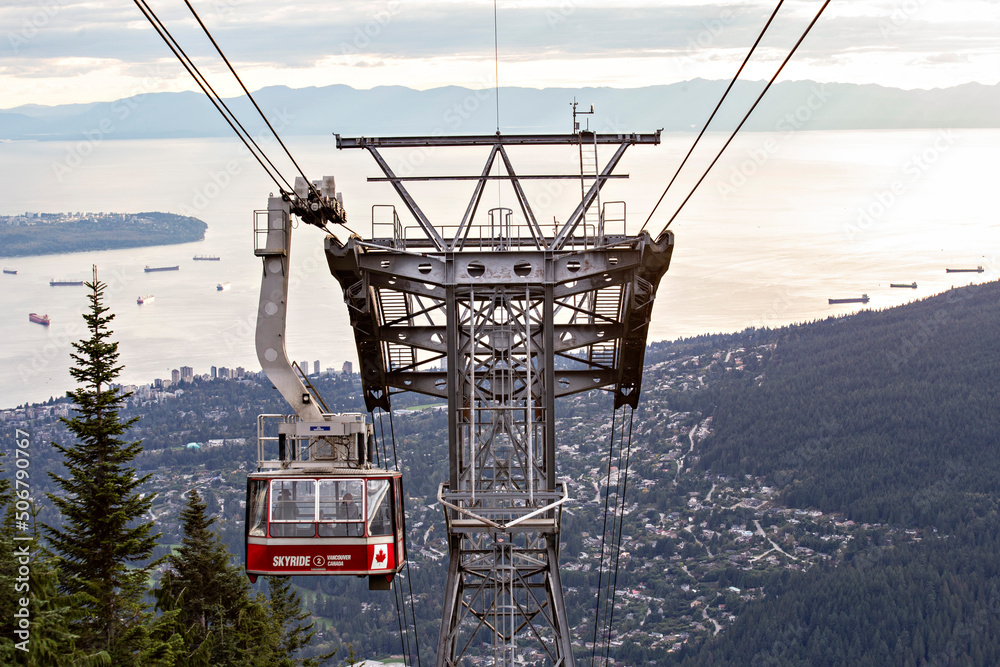 Fototapeta premium VANCOUVER, CANADA - October 2019: Grouse Mountain Skyride, cable car at sunset, North Vancouver, Canada