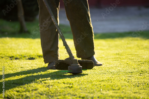 Lawn mover on green grass. Machine for cutting lawns.