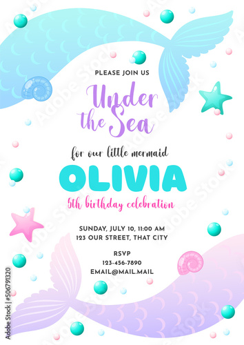 Birthday party invitation template. Cute illustration of mermaid tails, pearls and star fish. Vector 10 EPS.
