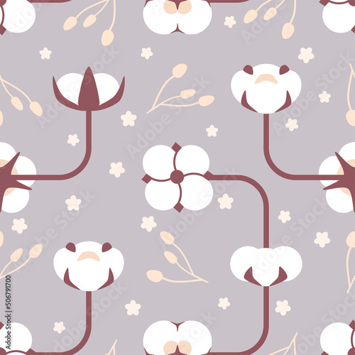 Cotton plants, fluffy balls, branches. White cotton buds and brown branches. Perfect for textile prints. Seamless repeat pattern. Vector illustration. Trendy illustrations.