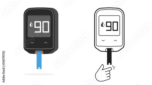 Diabetic blood sugar and glucose test vector icon flat or glucometer device with finger check line outline art illustration isolated on white image