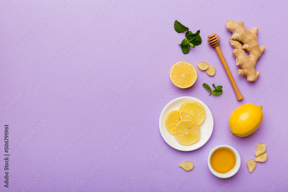 Natural cold and flu home remedies. Natural ingredients for immunity stimulation and viruses protection. top view flat lay