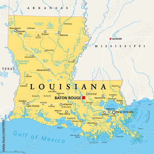 Louisiana, LA, political map, with capital Baton Rouge and metropolitan area New Orleans. State in Deep South and South Central regions of the United States, nicknamed Pelican, Bayou and Creole State.
