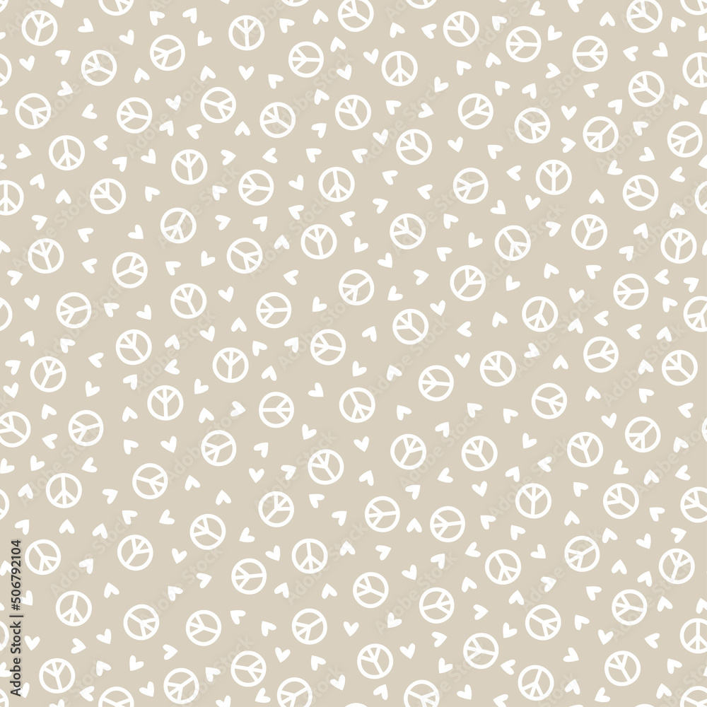 Grey seamless pattern with white hearts and peace sign.