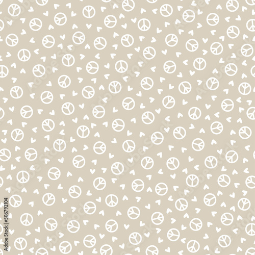 Grey seamless pattern with white hearts and peace sign.