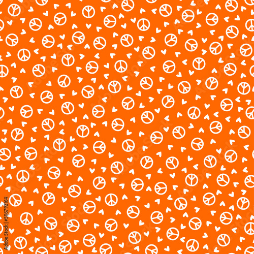 White peace sign hearts seamless pattern with orange background.