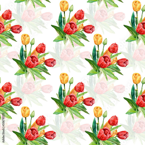 Red tulips seamless pattern.Image on a white and colored background. © svemar
