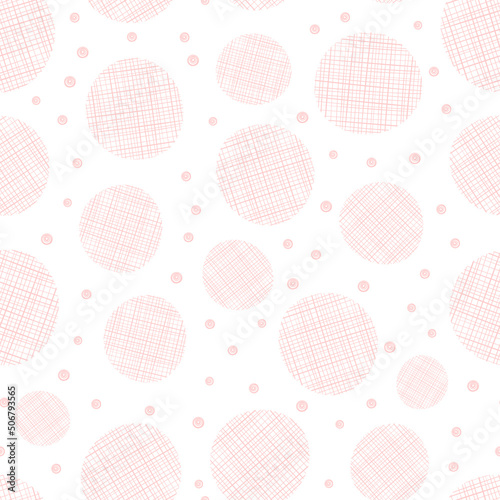 White seamless pattern with pink textile circles.