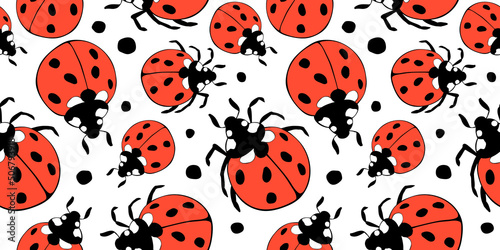 Vector seamless pattern of bright red ladybugs of different sizes in flat doodle style. Nature-themed background and texture, spring, summer, children's print, isolated