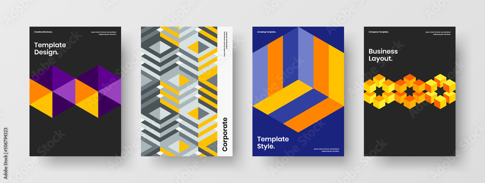 Unique postcard design vector layout collection. Abstract geometric pattern booklet template bundle.