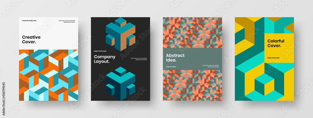 Obraz premium Fresh company identity A4 design vector layout set. Multicolored mosaic pattern front page illustration composition.