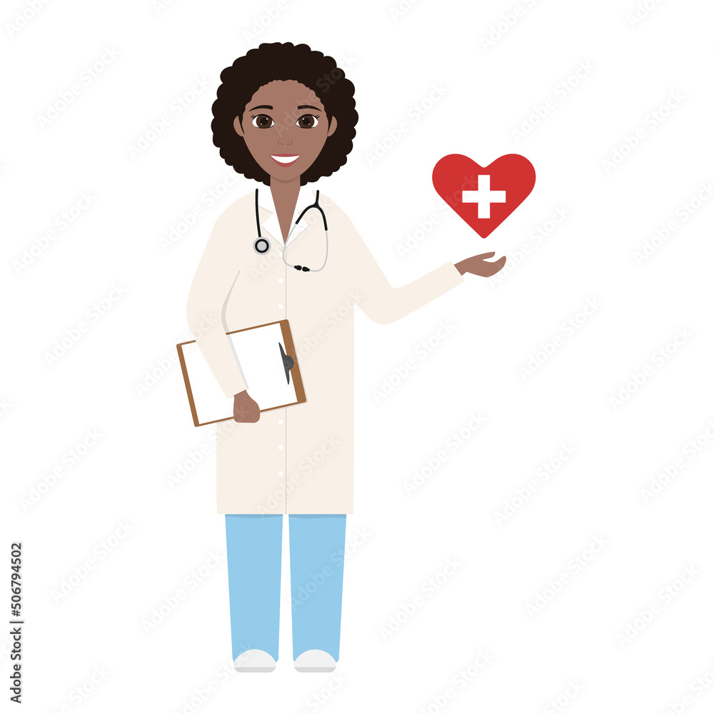 Doctor or nurse with stethoscope holds a case. African american girl. Template for poster, social media, banner, card Doctor or nurse with stethoscope holds a case. African american girl. Template for poster, social media, banner, card