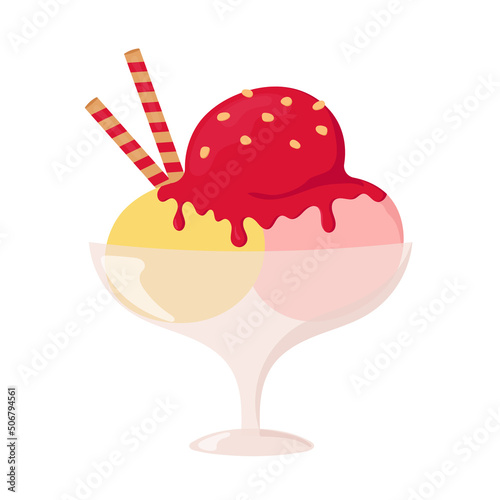 Glass vase with scoops of ice cream. Can be used for poster  print  cards and clothes decoration  for food design and ice cream shop logo.