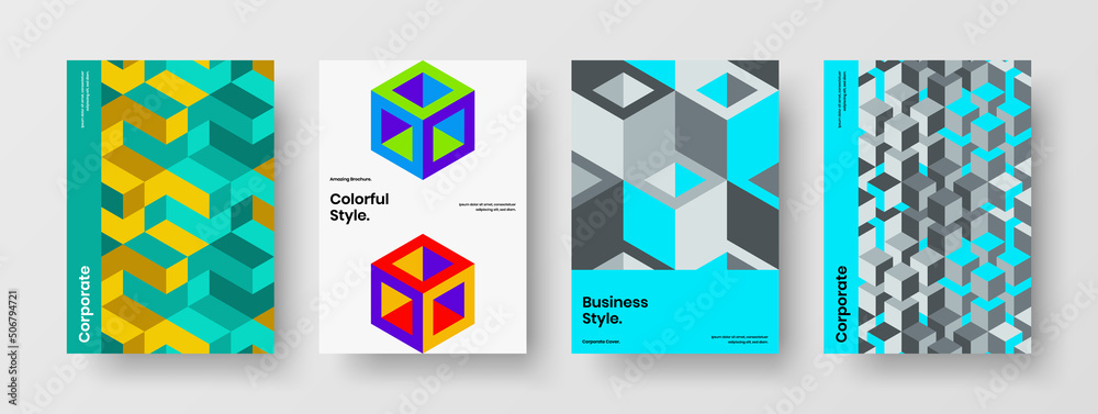 Colorful annual report vector design illustration collection. Original geometric shapes journal cover template composition.