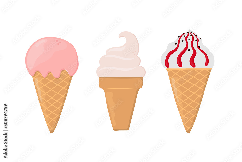 Set of hand drawn ice creams in waffle cones. Can be used for poster, print, cards and clothes decoration, for food design and ice cream shop logo.