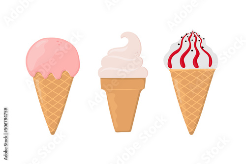 Set of hand drawn ice creams in waffle cones. Can be used for poster, print, cards and clothes decoration, for food design and ice cream shop logo.