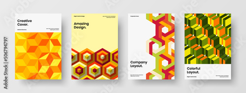 Minimalistic handbill A4 vector design template bundle. Trendy mosaic shapes magazine cover illustration collection.