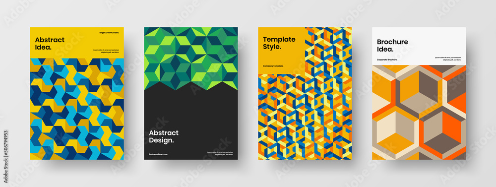 Naklejka premium Vivid mosaic tiles company brochure concept composition. Modern catalog cover A4 design vector template set.