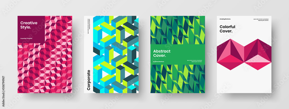 Fresh mosaic pattern postcard template set. Simple front page design vector concept bundle.