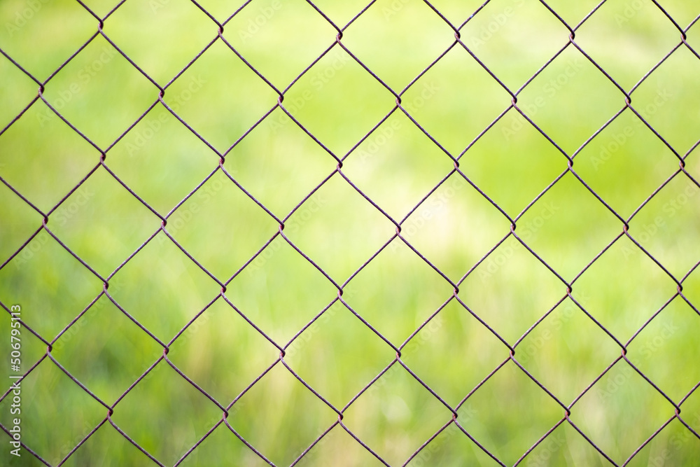 Mesh cage in the garden with green grass as background. Metal fence with wire mesh. Blurred view of the countryside through a steel iron mesh metal fence on green grass. Abstract background. Mesh cage in the garden with green grass as background. Metal fence with wire mesh. Blurred view of the countryside through a steel iron mesh metal fence on green grass. Abstract background.