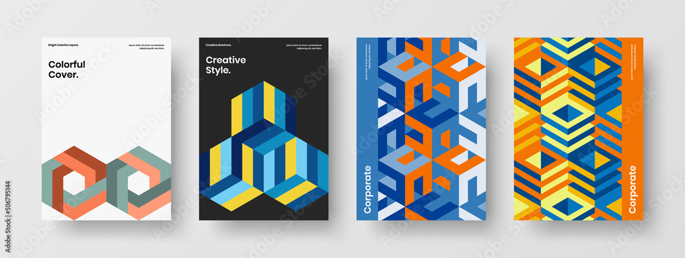 Trendy geometric tiles leaflet concept bundle. Premium handbill A4 design vector layout collection.