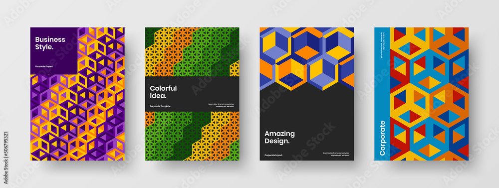Fototapeta premium Multicolored magazine cover design vector illustration bundle. Original mosaic tiles placard template collection.