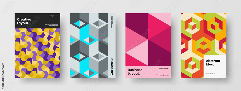 Clean corporate cover A4 vector design illustration set. Trendy geometric shapes company brochure layout bundle.