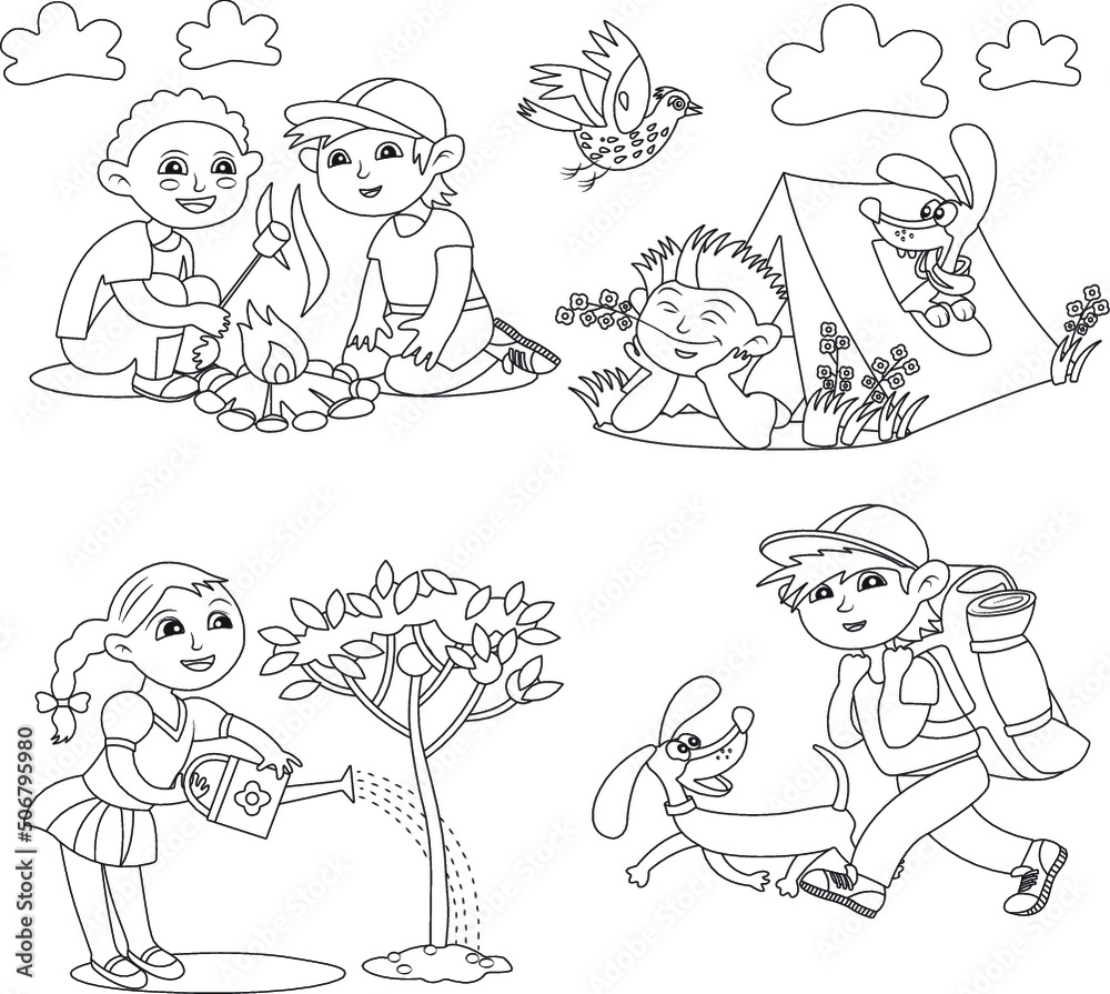 Funny summer camping coloring page for kids