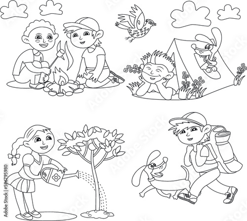 Funny summer camping coloring page for kids