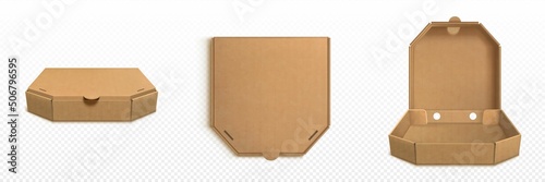 Brown cardboard pizza box 3d realistic vector. Open empty and closed carton package for delivery fast food, top side view isolated mockup illustration on white background