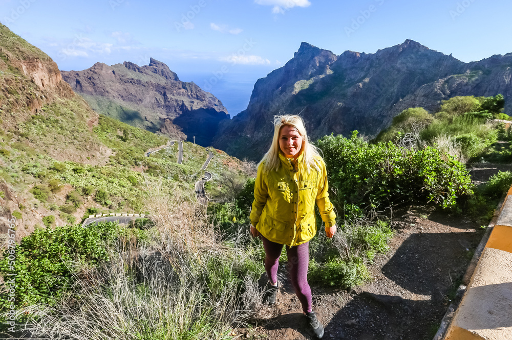 woman on Mountain village Masca on Tenerife, Spain. Tenerife landmark landscape