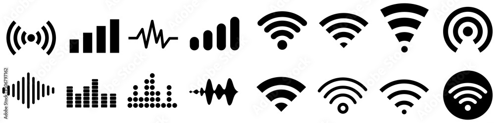 Signal set vector icon. Radio signal waves and light rays, radar, wifi, antenna and satellite signal symbols. Wireless technologys. Vector illustration. Signal set vector icon. Radio signal waves and light rays, radar, wifi, antenna and satellite signal symbols. Wireless technologys. Vector illustration.