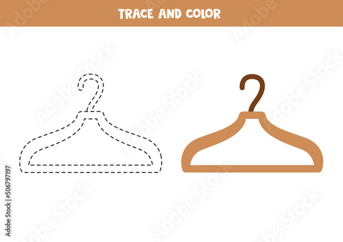 Trace and color cartoon wooden cloth hanger. Worksheet for children.