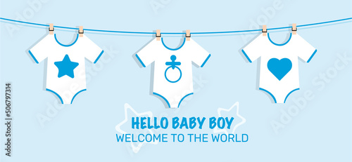 its a boy welcome greeting card for childbirth vector illustration hanging bodysuits