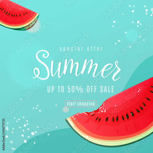 Summer sale vector background with big fun bite watermelon slice