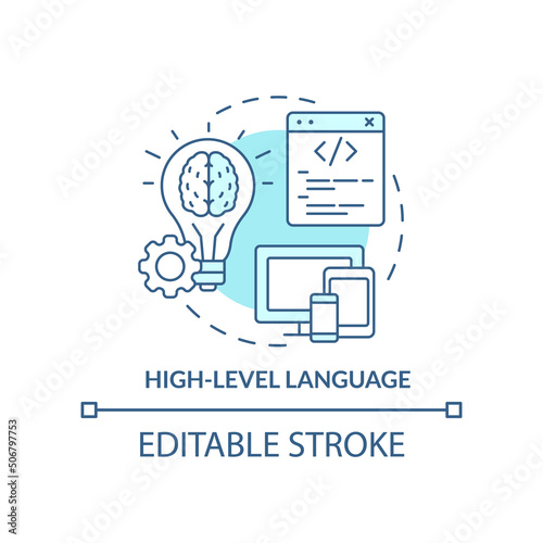 High level language turquoise concept icon. Type of computer language abstract idea thin line illustration. Isolated outline drawing. Editable stroke. Arial, Myriad Pro-Bold fonts used