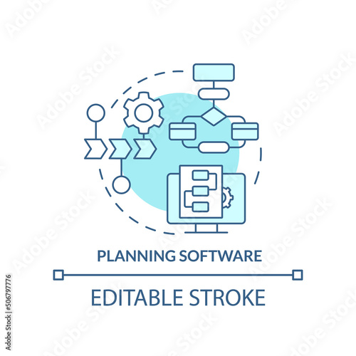 Planning software turquoise concept icon. Use models for project. Programming skill abstract idea thin line illustration. Isolated outline drawing. Editable stroke. Arial, Myriad Pro-Bold fonts used