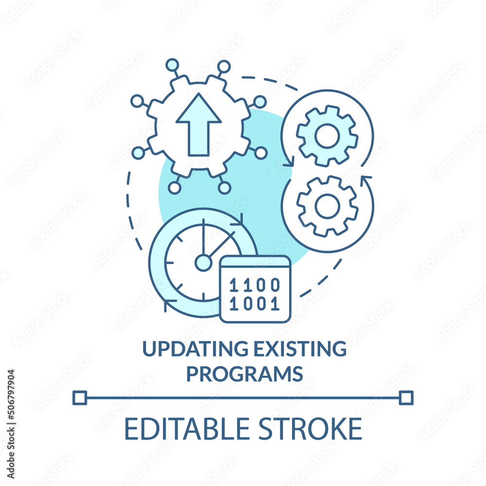Updating existing programs turquoise concept icon. Programming skill abstract idea thin line illustration. Isolated outline drawing. Editable stroke. Arial, Myriad Pro-Bold fonts used