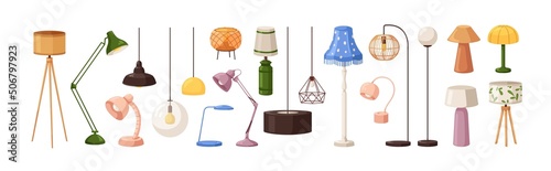 Electric table, floor lamps, lampshades, ceiling chandeliers, bedside nightlights set. Different interior light decor standing and hanging. Flat vector illustrations isolated on white background photo