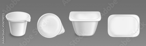 Plastic cup, container or package for yoghurt and dairy products isolated vector mockup. White jars with foil lid, oval or round tubs front and top view on transparent background, Realistic 3d mock up