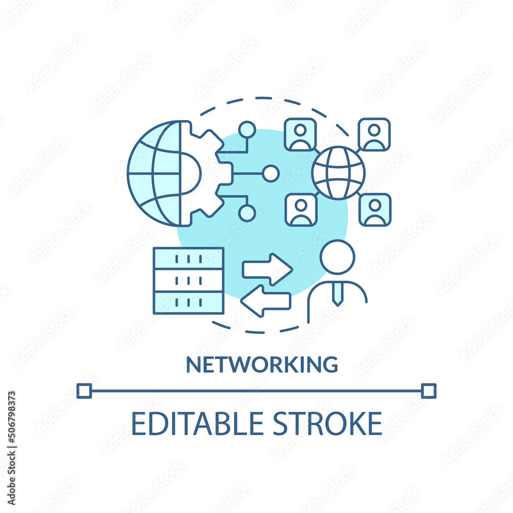 Networking turquoise concept icon. Client server network. Programming skills abstract idea thin line illustration. Isolated outline drawing. Editable stroke. Arial, Myriad Pro-Bold fonts used Networking turquoise concept icon. Client server network. Programming skills abstract idea thin line illustration. Isolated outline drawing. Editable stroke. Arial, Myriad Pro-Bold fonts used