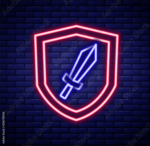 Glowing neon line Sword for game icon isolated on brick wall background. Colorful outline concept. Vector