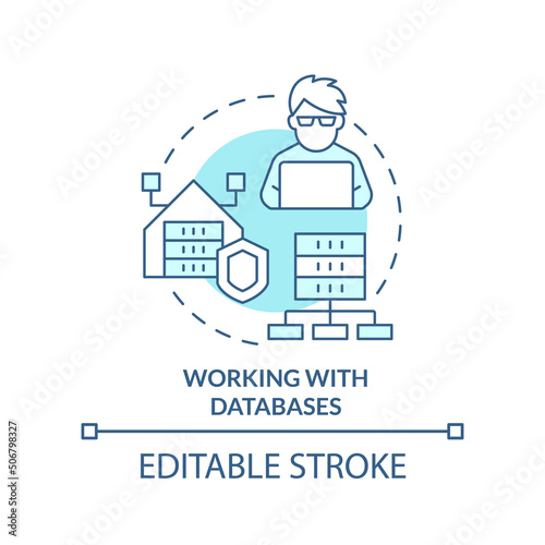 Working with databases turquoise concept icon. Data management. Programming skills abstract idea thin line illustration. Isolated outline drawing. Editable stroke. Arial, Myriad Pro-Bold fonts used