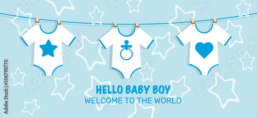 its a boy welcome greeting card for childbirth vector illustration hanging bodysuits
