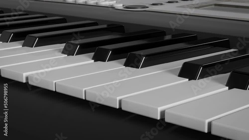 3D rendering animation of a camera moving over an electronic piano keyboard