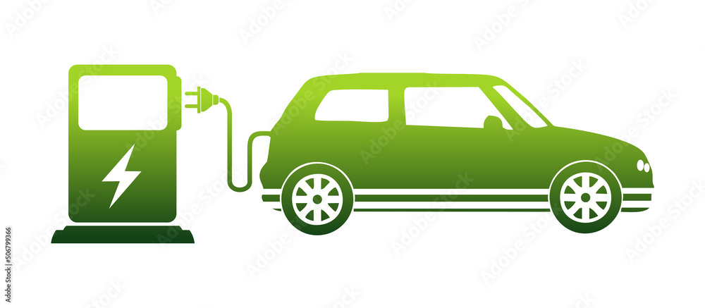 Naklejka premium Electric car with plug icon symbol, Green hybrid vehicles charging point logotype. Eco car concept with electric charge. 
