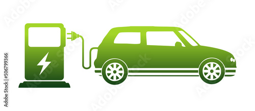 Electric car with plug icon symbol, Green hybrid vehicles charging point logotype. Eco car concept with electric charge.
