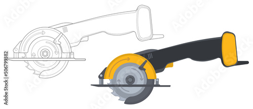 Outlined and colored mini circular saw with steel toothed disc. Vector flat icon of woodworking tool. Electric hand tool for cutting wood or metal. Building equipment.